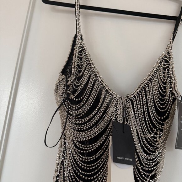 NWT Retrofête Irina Mini Dress Rhinestone Chain Embellished In Barely-there Mesh - Picture 5 of 11